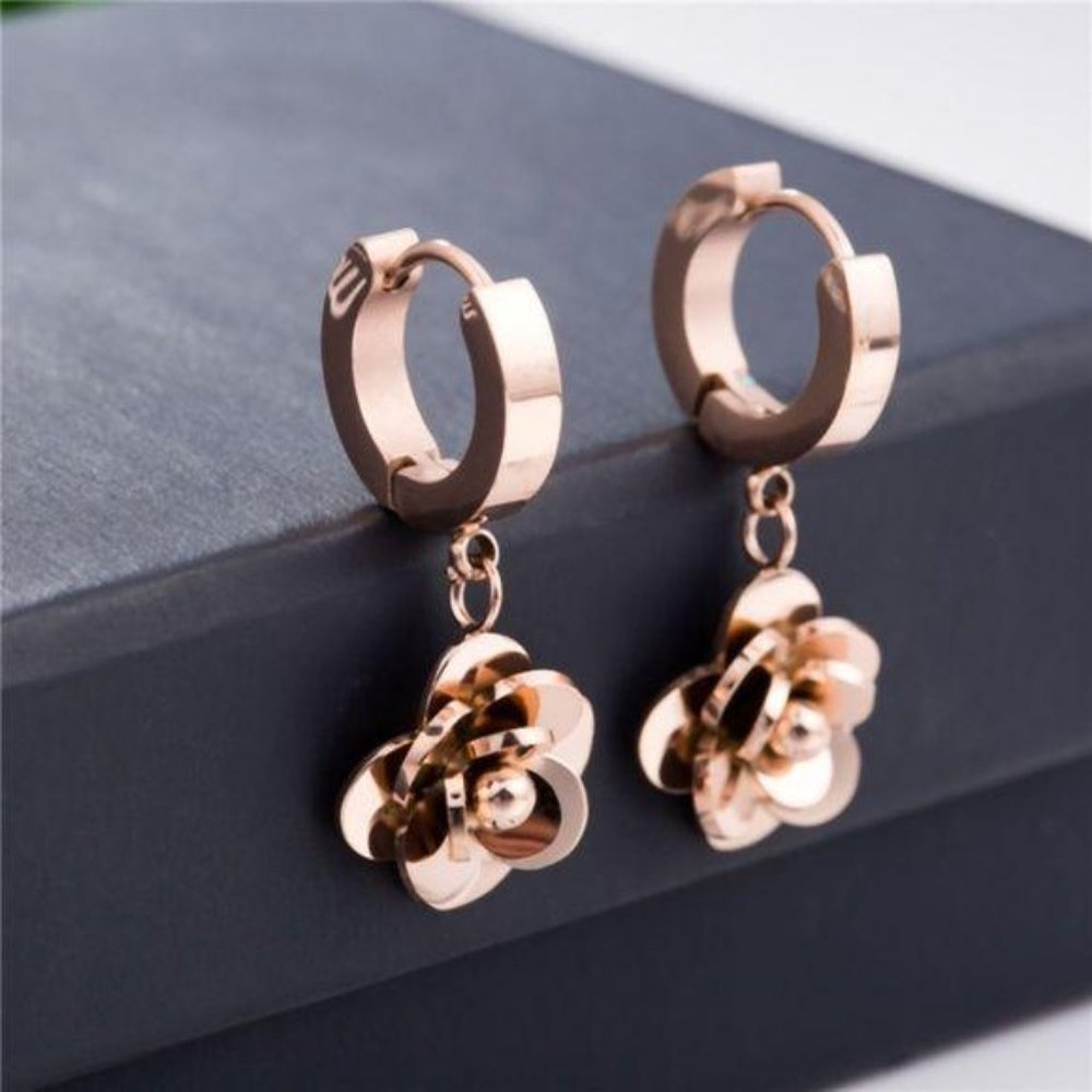 Rose Gold Plated Rose Floral Drop Huggie Earrings - Picture 2 of 5